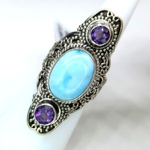 Bali Legacy Larimar Amythest Elongated Ring in Sterling Silver 6 NWT